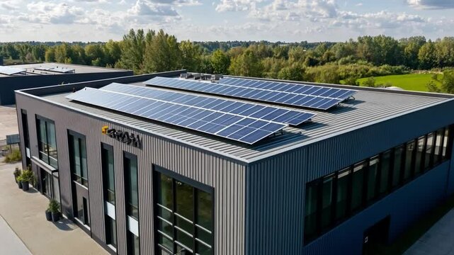 Solar Power Building: A modern building with solar panels on the roof, showcasing the integration of sustainable energy in a commercial environment.