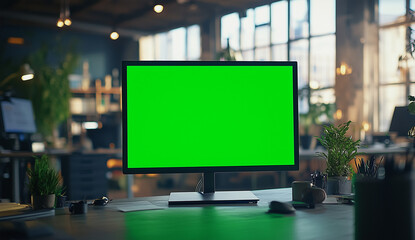 Fototapeta premium Modern Black Monitor with Green Screen on Desk in Stylish Office, Copy Space, Mockup