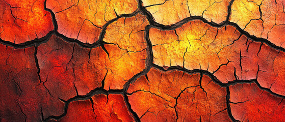 A vivid texture of cracked earth showcasing warm colors like red, orange, and yellow, depicting a parched landscape.