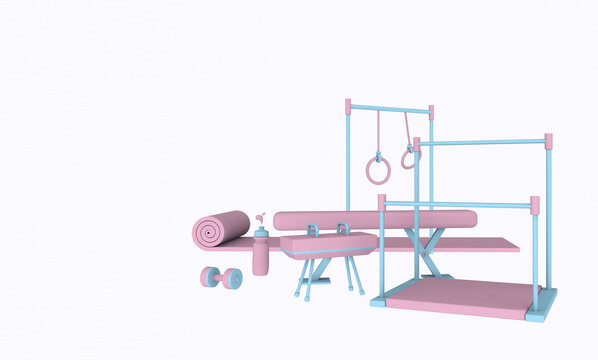 3D render illustration of sports gymnastics equipment horse, parallel bars, beam in pink and blue colors on a white background