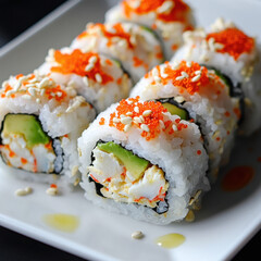 Fresh California sushi rolls with avocado, crab, and tobiko, neatly plated