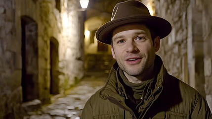 Man speaks in charming night alley; cobblestone street background; travel blog, documentary
