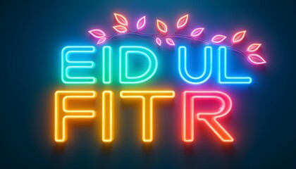 Vibrant Neon Eid Ul Fitr Celebration Sign with Illuminated Arabic Calligraphy and Festive Decorative Elements on a Dark Reflective Background
