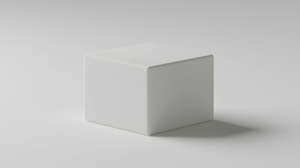 White cube on white background, studio shot, simple shape, product display