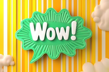Wow in White on Neon Green Speech Bubble, Yellow Stripes.