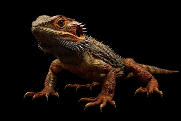 Obraz premium Bearded dragon standing alert, spiky scales, expressive eyes, realistic lighting, isolated.