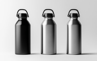 Stainless Steel Bottles Black and Metal Colors, Reusable, EcoFriendly, White Background