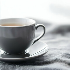Fototapeta premium Grey teacup on linen, morning sunlight, relaxing beverage, peaceful breakfast
