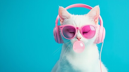 A white cat wearing pink sunglasses and pink headphones is blowing bubbles