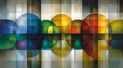 Fototapeta premium Abstract painting of colorful spheres with grid background.