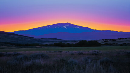 Obraz premium Majestic mountain sunrise over vast plains, scenic landscape ideal for travel brochures