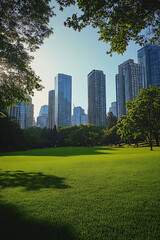 Green park in the city with skyscrapers in the background under the blue sky