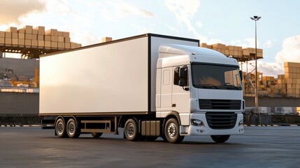 A white delivery truck parked at a logistics hub ready for cargo transportation.