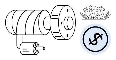 Electric generator transmitting energy, flowers symbolizing nature, and dollar sign conveying economic value. Ideal for renewable energy, innovation, business, ecology, sustainability, green