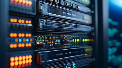 Fototapeta premium Close Up View Of Server Racks With Multiple Panels Lights And Cables In Dark Blue Hued Environment