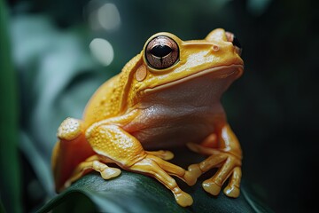 Golden tree frog sitting, smooth glossy skin reflecting soft light, detailed webbed fingers, isolated.