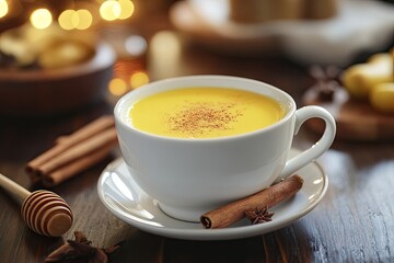 Golden turmeric latte in a delicate porcelain cup, served with cinnamon sticks and honey on a dark wood restaurant counter.