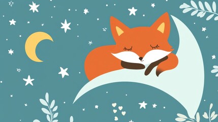 Fototapeta premium Cute Fox Sleeping Moon Night Stars Illustration.