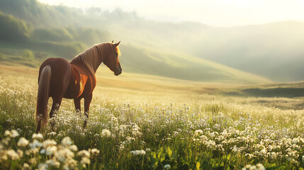 A beautiful horse standing in a field of flowers, bathed in golden sunlight.