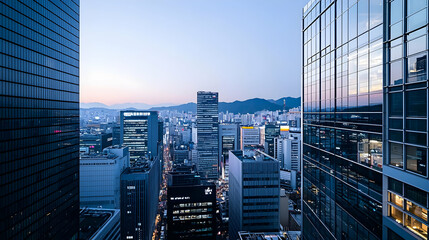 Obraz premium Modern City Buildings At Dusk With Reflection And Illuminated Windows Showing Urban Night Skyline Architecture