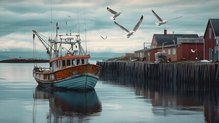 Obraz premium Rustic Fishing Boat Harbor Serenity Seagulls of excellence in splendor beyond compare with grace
