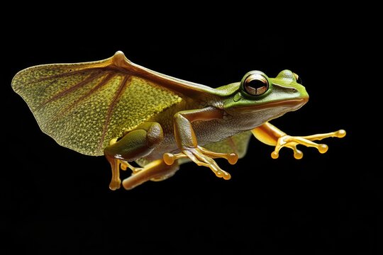 Bornean flying frog mid-glide, extended webbed feet, bright green skin, isolated.