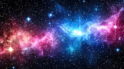Fototapeta premium Cosmic nebula with vibrant pink and blue hues, stars, and glowing gas clouds.