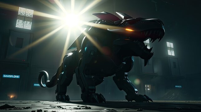 Robotic dinosaur stands powerfully illuminated in a futuristic setting - Powered by Adobe