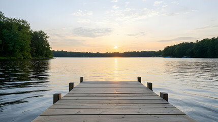 Obraz premium Wooden Pier Extending Over Calm Lake Waters Under Orange Sunset Horizon and Cloudy Sky