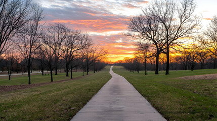 Fototapeta premium Concrete Pathway Leading Through Silhouetted Trees Under a Vibrant Orange Sunset Sky in a Rural Landscape