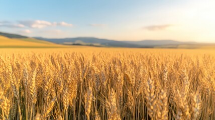 Obraz premium Golden Wheat Field at Sunset with Rolling Hills