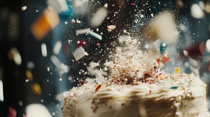 Celebration cake explosion with colorful confetti in a festive atmosphere, indoors