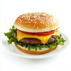 Classic cheeseburger with lettuce, tomato, cheddar cheese, and sesame bun served on a white plate
