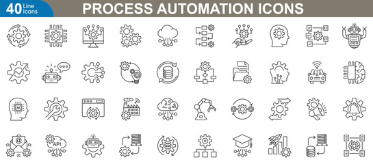 Process automation icons set. Vector illustrations for workflow optimization, system integration, aI automation, business process efficiency, machine learning process and more.