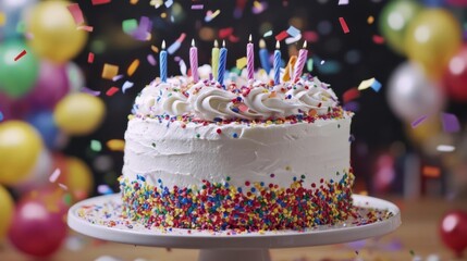 Colorful birthday cake with candles surrounded by festive decorations and balloons (1)