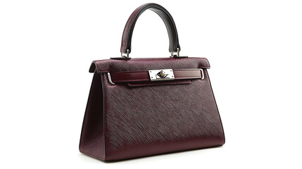 A burgundy purse with a black strap and a silver clasp
