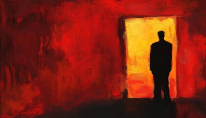 Obraz premium Silhouette Facing Doorway Economic Risk and Uncertain Future Abstract