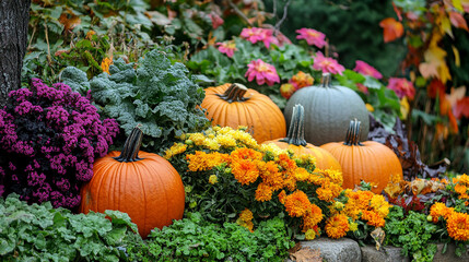 autumn garden with colorful leaves pumpkins and flowers