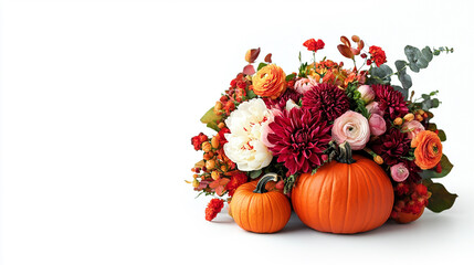 bouquet of flowers and pumpkins on white background