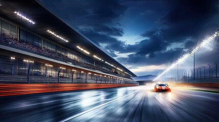 Dynamic viewpoint in evening sports photography of high-speed race circuit action