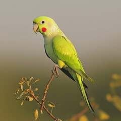 Fototapeta premium Rosy-faced lovebird perched on branch, soft background, wildlife photography, nature imagery