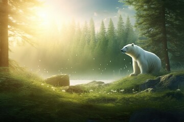 Lush green forest with sunlight rays piercing through trees, distant wind turbines on horizon, polar bear standing on melting iceberg, eco-friendly poster design with muted earth tones, soft natural l