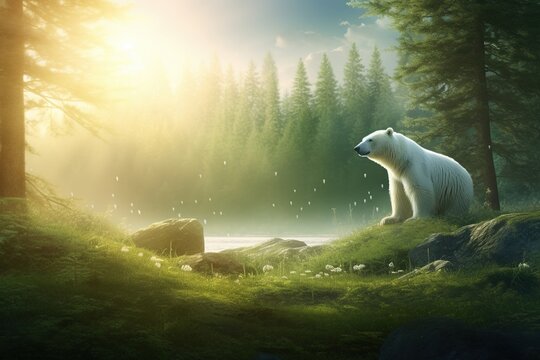 Lush green forest with sunlight rays piercing through trees, distant wind turbines on horizon, polar bear standing on melting iceberg, eco-friendly poster design with muted earth tones, soft natural l
