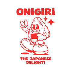 Funny cartoon character of onigiri japanese food. Can be used as Sticker, posters, prints. Retro cartoon style. Vector illustration