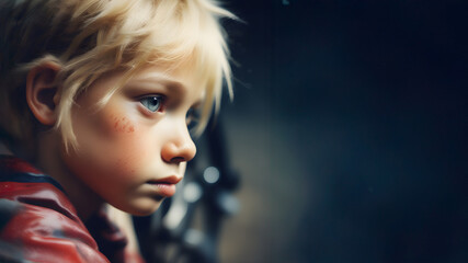 Fototapeta premium Sad Little Blonde Boy Outdoors with His Bike
