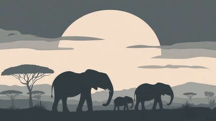 Fototapeta premium African Elephant Family Sunset Silhouette.