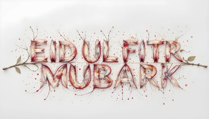 Elegant Eid ul-Fitr Typography Made from Artistic Red and White Petal Flowers on a Dark Aesthetic Background with Delicate Vine Accents