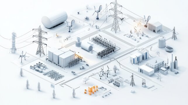 Snowy winter landscape featuring wind turbines and electrical transmission towers and infrastructure in a rural mountainous environment