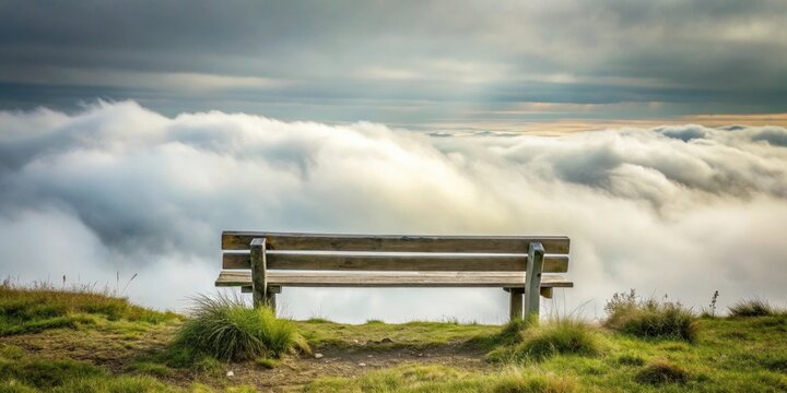 A solitary wooden bench overlooking a breathtaking expanse of rolling clouds, bathed in the soft glow of a serene sky, invites contemplation and peaceful reflection.