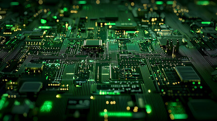 Obraz premium Intricate Circuit Board Pattern With Green And Yellow Lights